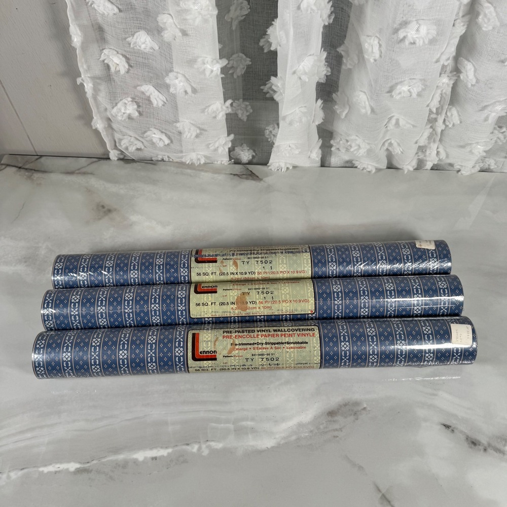 Vintage Lennon Pre-Pasted Vinyl Wallcovering Blue Geometric Floral 3‎ Rolls New